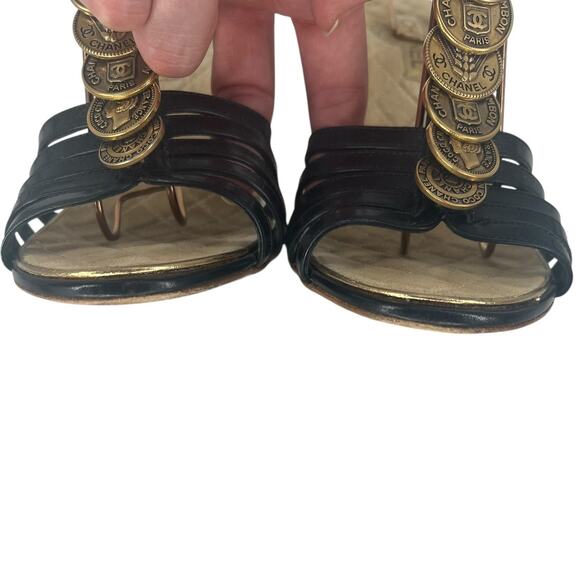 Chanel Coin Medallion Quilted Suede & Leather Heeled Wedge Sandals - Picture 11 of 16
